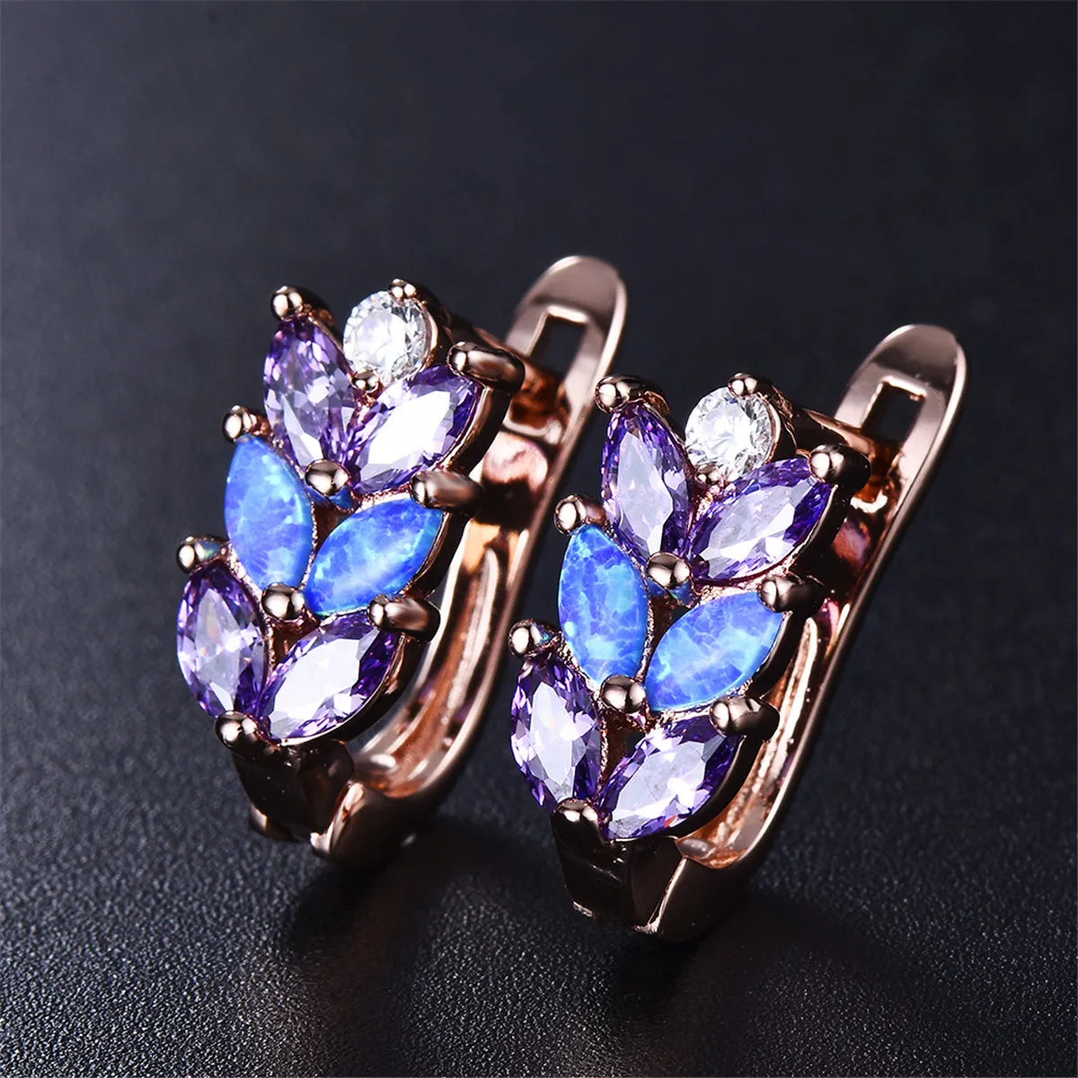 Purple Crystal & Blue Opal Leverback Earrings