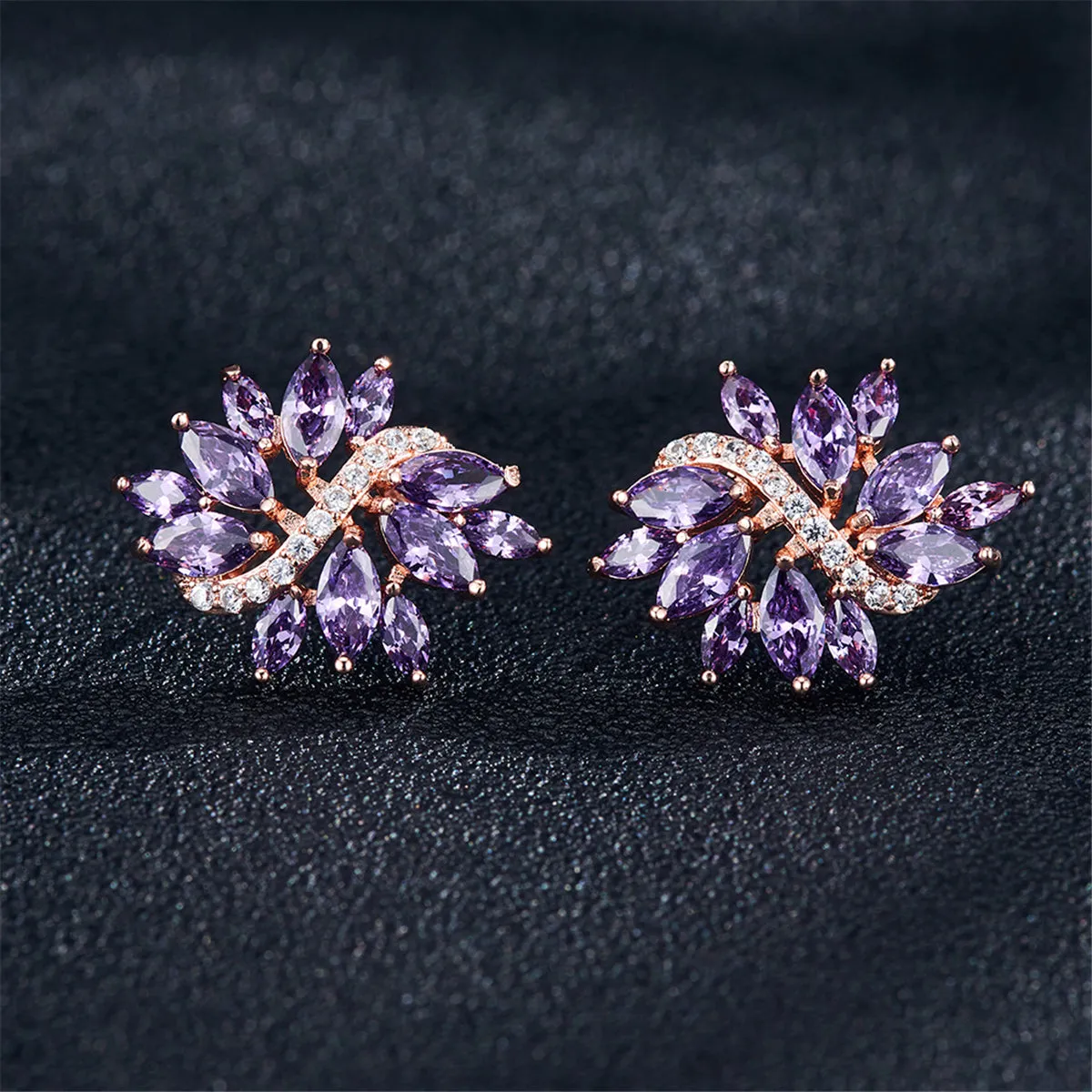 Purple Crystal & Cubic Zirconia Flower Stud Earrings