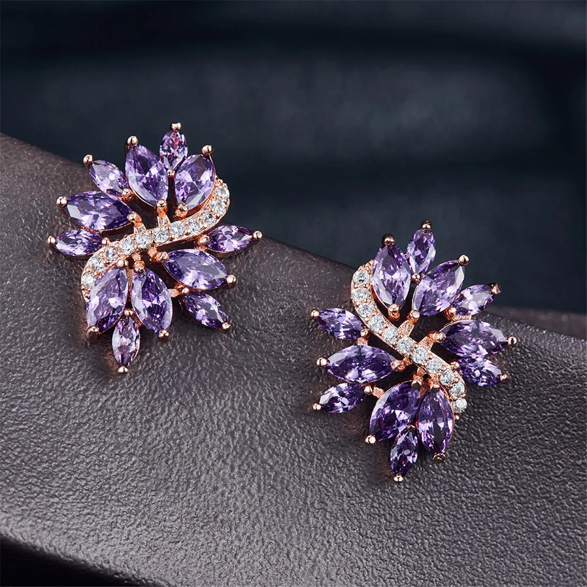 Purple Crystal & Cubic Zirconia Flower Stud Earrings