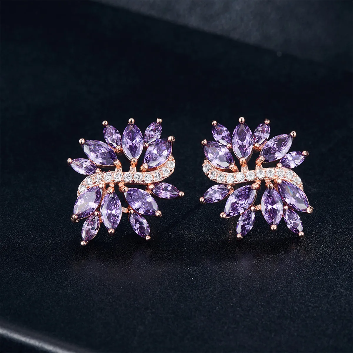 Purple Crystal & Cubic Zirconia Flower Stud Earrings