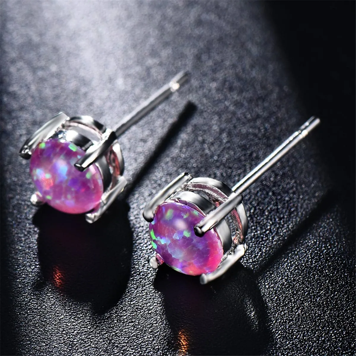 Purple Opal & Silver-Plated Round Stud Earrings