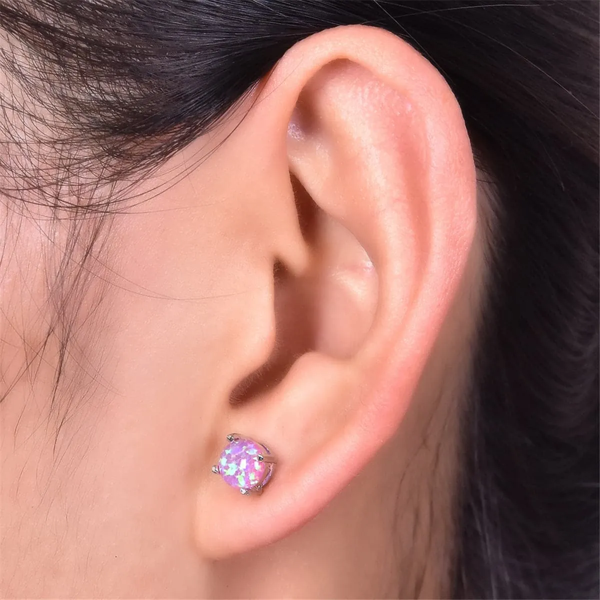 Purple Opal & Silver-Plated Round Stud Earrings