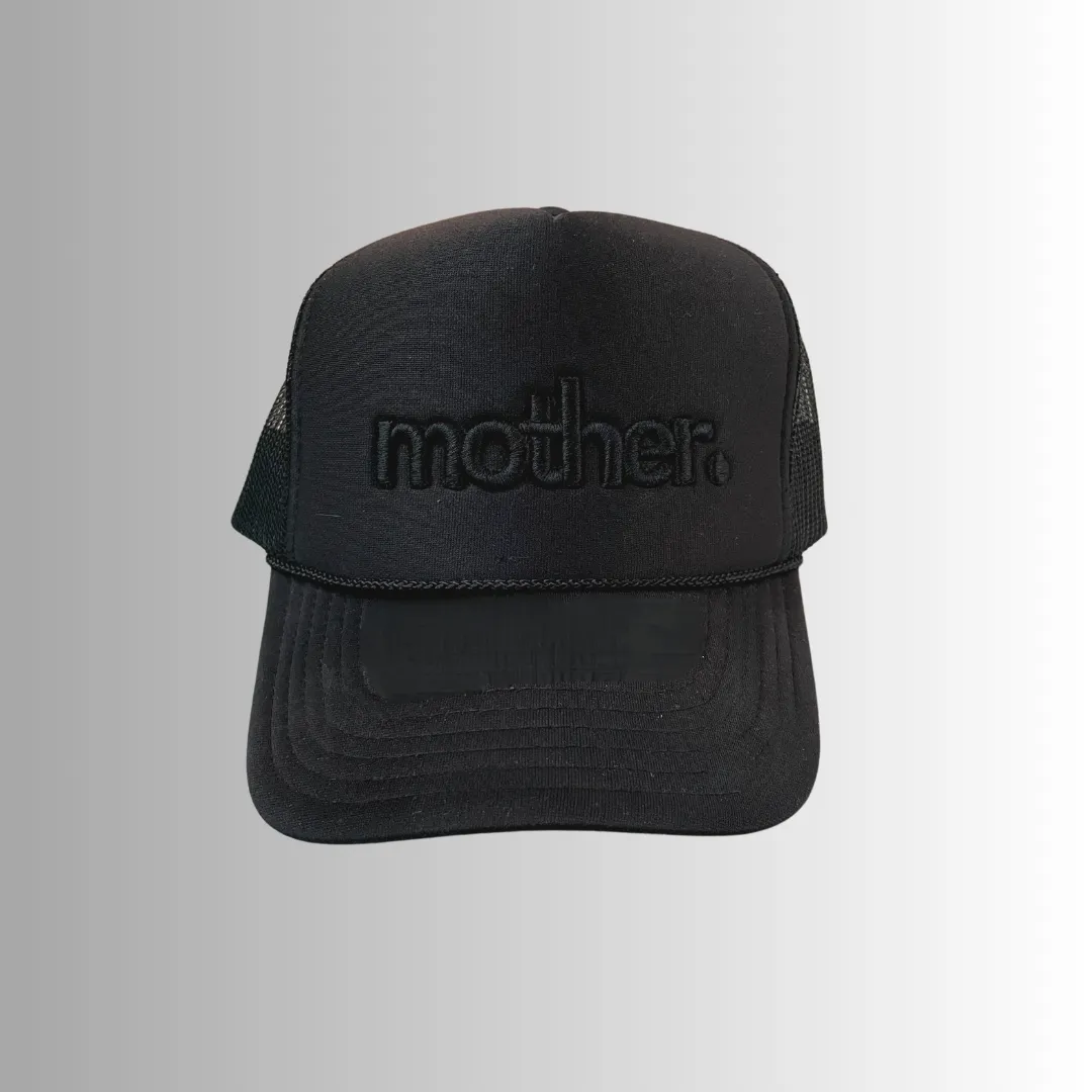 "mother." Embroidered Trucker Hat - Black on Black