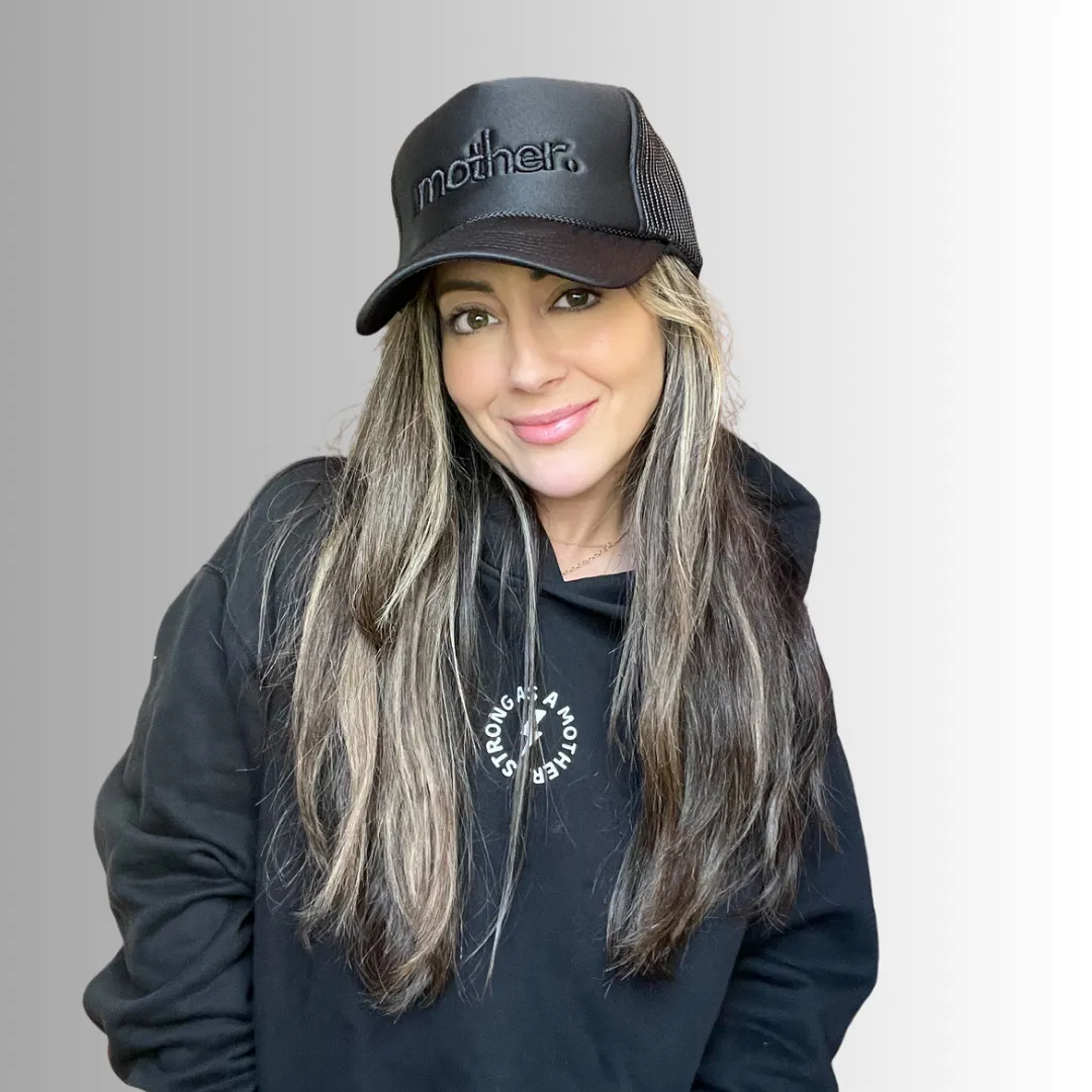 "mother." Embroidered Trucker Hat - Black on Black