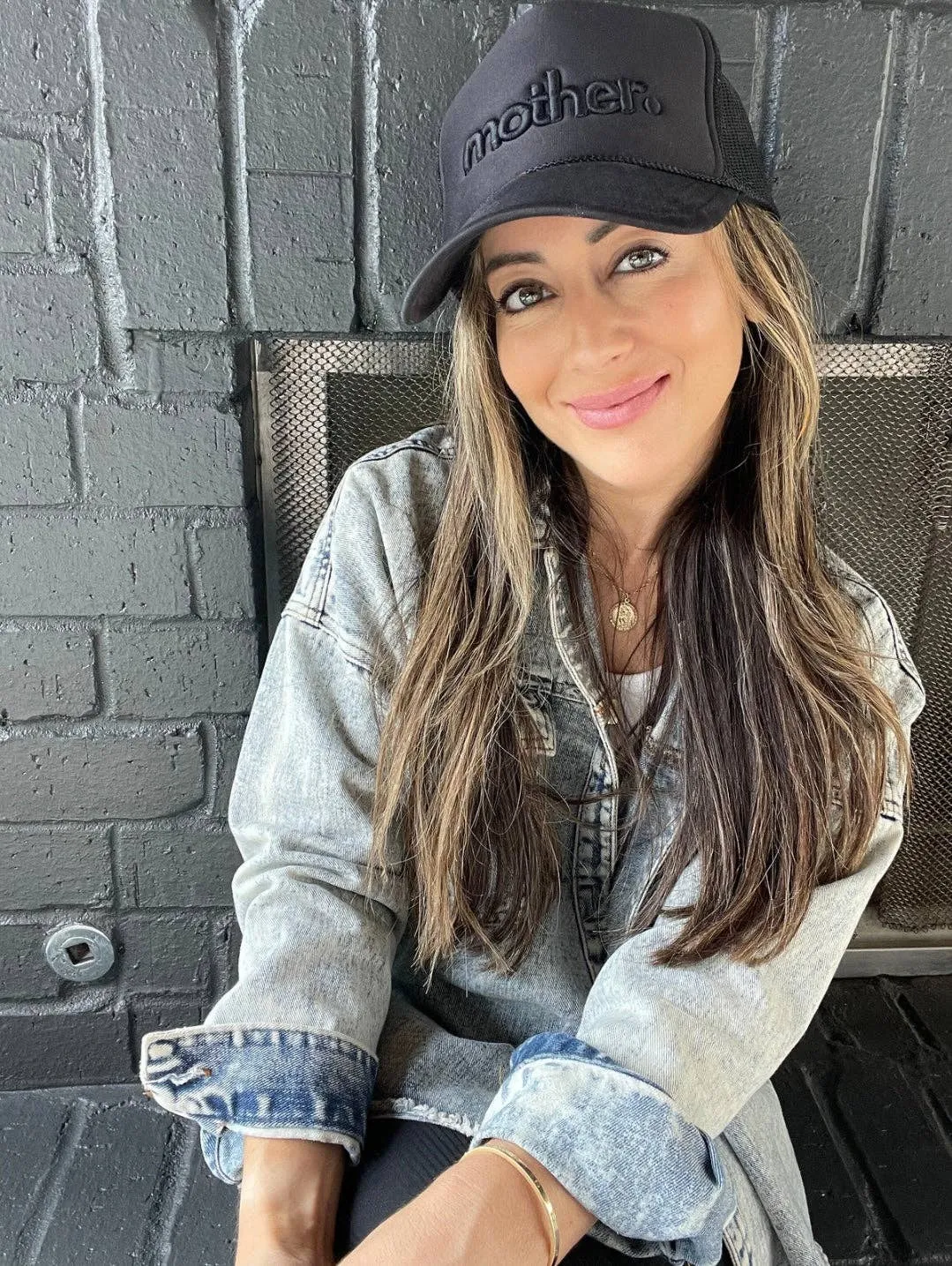 "mother." Embroidered Trucker Hat - Black on Black