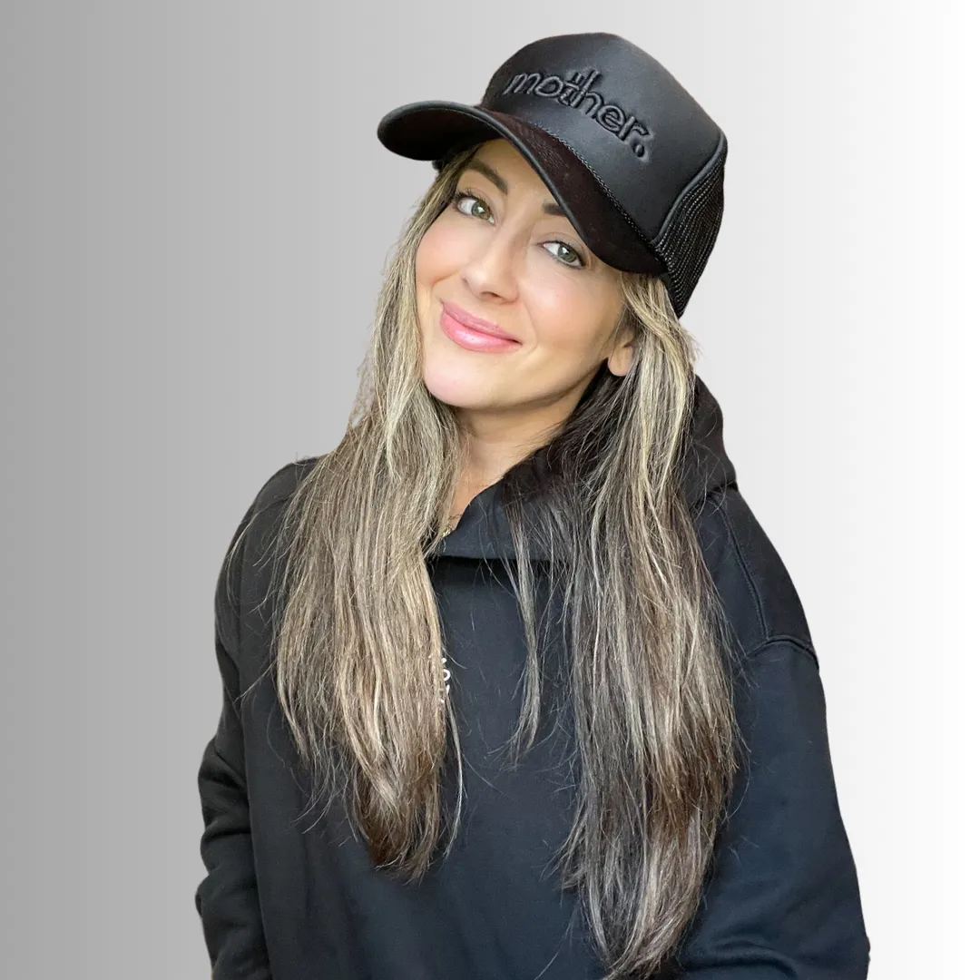 "mother." Embroidered Trucker Hat - Black on Black