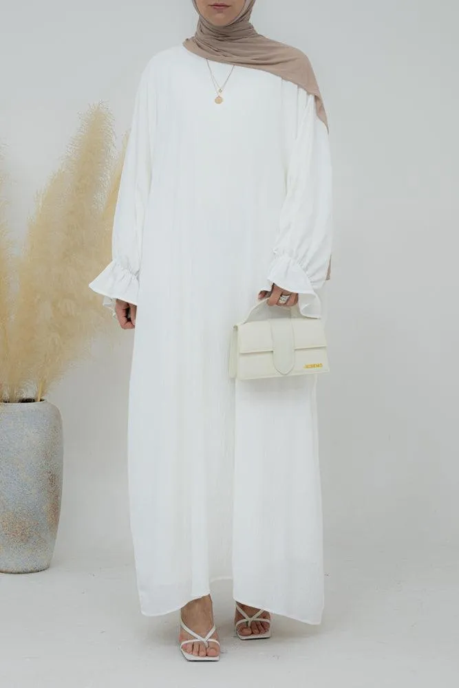 Radwa batwing abaya with ruched sleeve and loose cut in  white