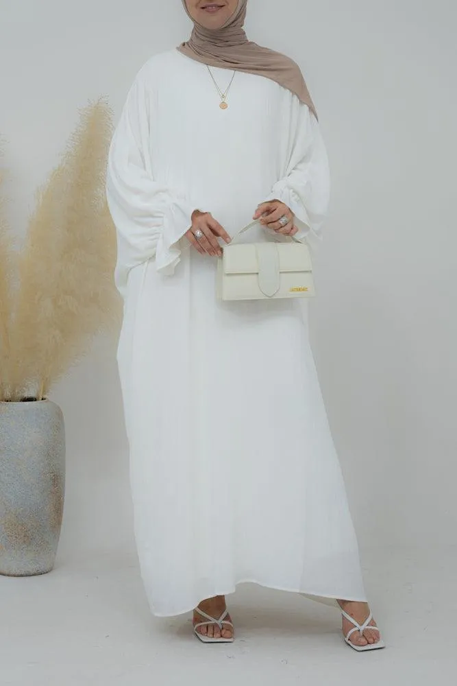 Radwa batwing abaya with ruched sleeve and loose cut in  white