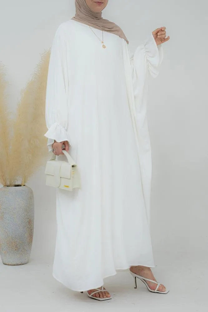 Radwa batwing abaya with ruched sleeve and loose cut in  white