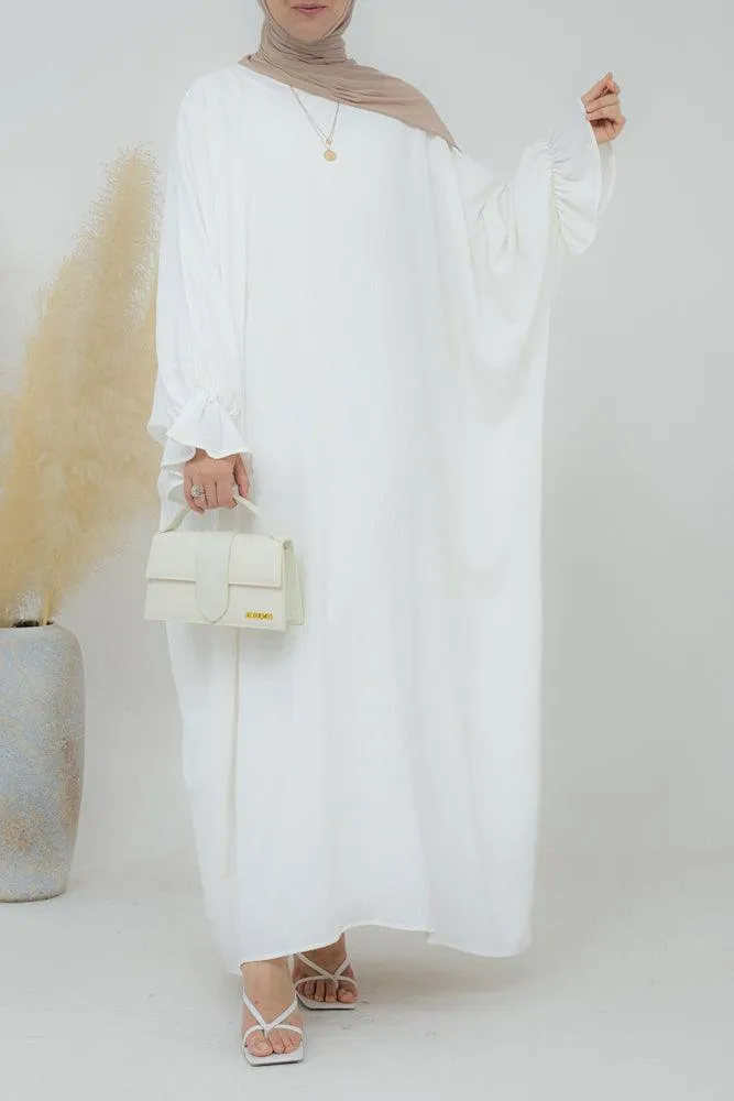 Radwa batwing abaya with ruched sleeve and loose cut in  white