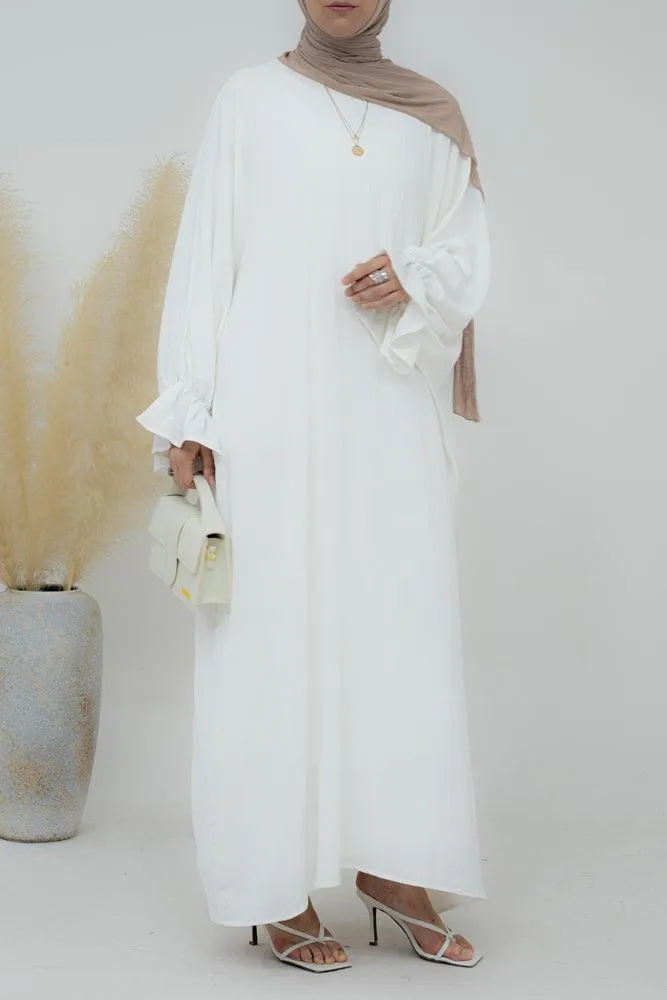 Radwa batwing abaya with ruched sleeve and loose cut in  white