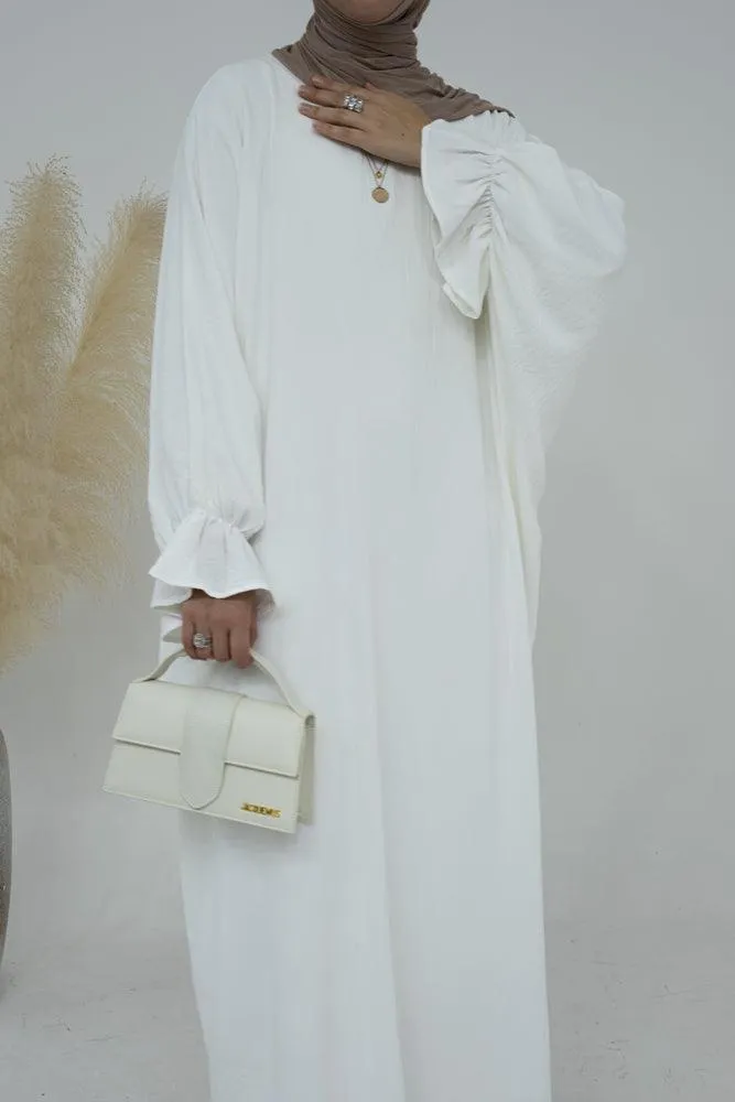 Radwa batwing abaya with ruched sleeve and loose cut in  white