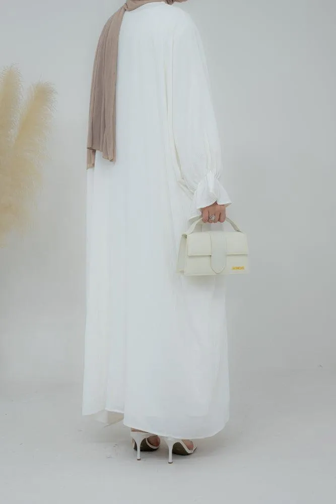 Radwa batwing abaya with ruched sleeve and loose cut in  white