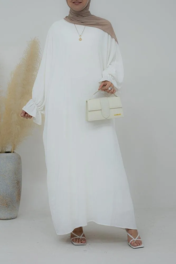 Radwa batwing abaya with ruched sleeve and loose cut in  white