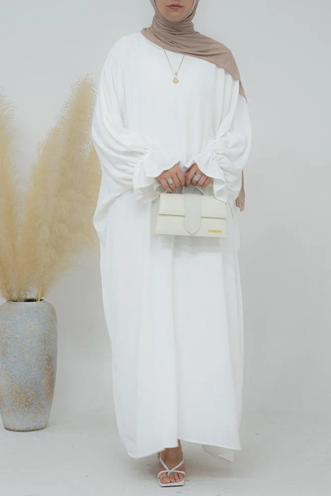 Radwa batwing abaya with ruched sleeve and loose cut in  white
