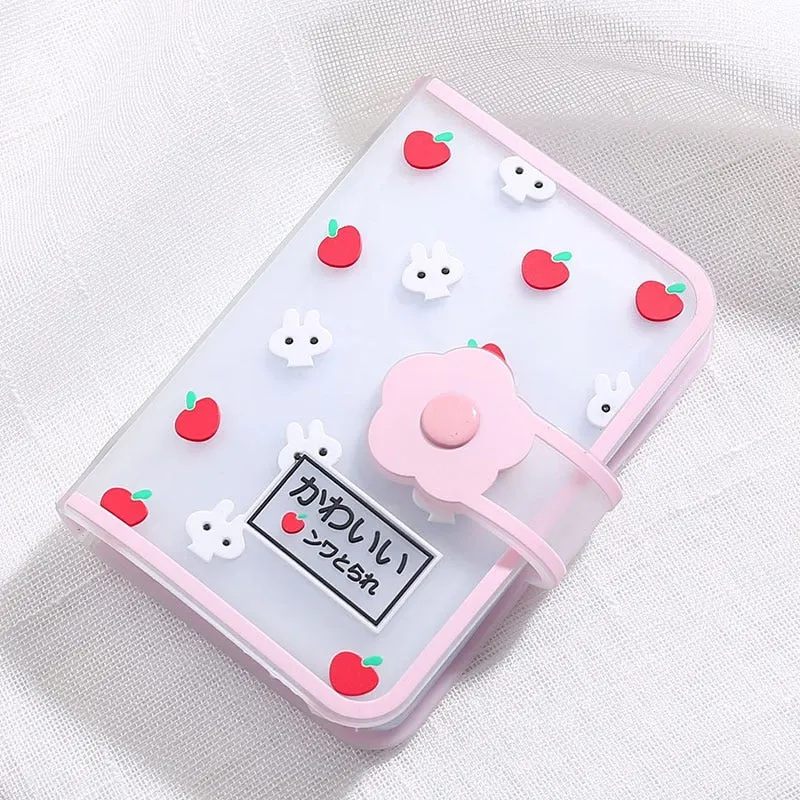 Realaiot 26 Card Slots Card Holder With Button Photocard ID Holder Photo Album Cute Cartoon Fruit Animal Print Name Card ID Holder Book