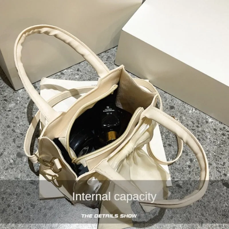 Realaiot White Bowknot Women's Portable Shoulder Bag Big Bow Design Ladies Underarm Bags Solid Color PU Leather Female Small Tote Handbag