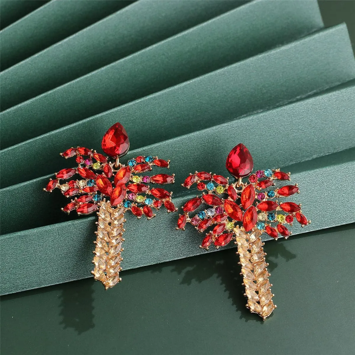 Red Crystal & Cubic Zirconia 18K Gold-Plated Palm Tree Drop Earrings