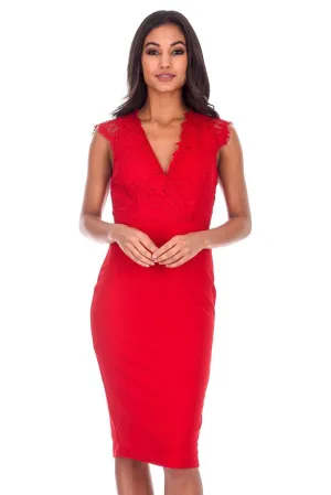 Red V-Neck Lace Midi Dress