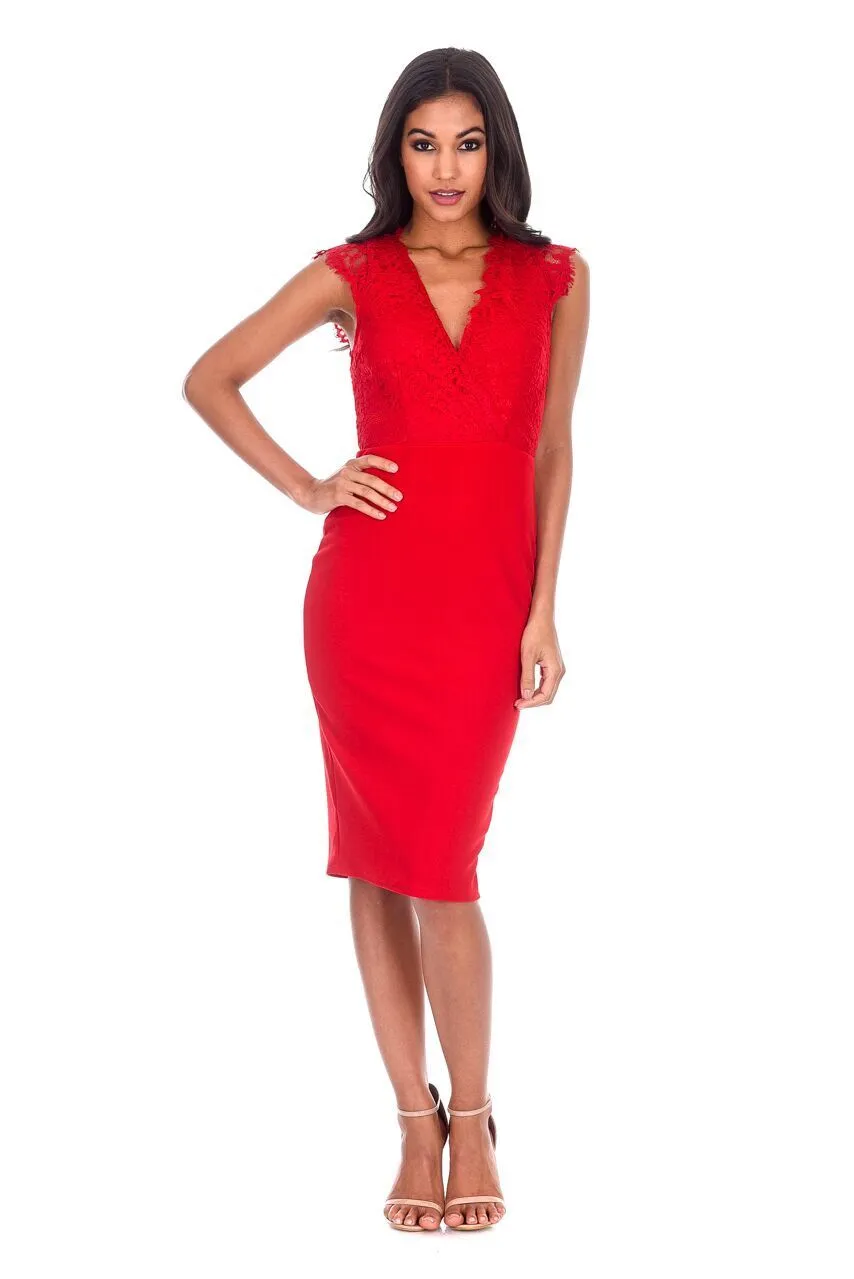 Red V-Neck Lace Midi Dress