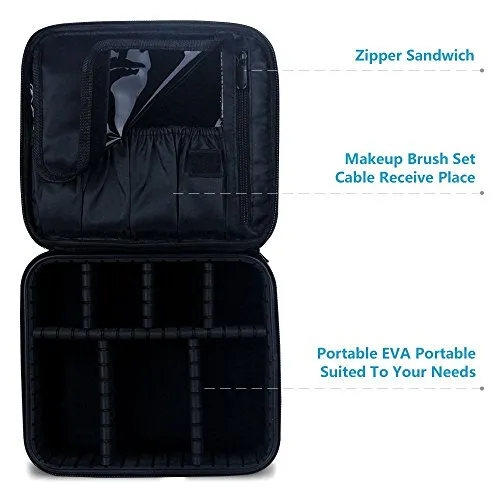 Relavel Travel Makeup Train Case Makeup Cosmetic Case Organizer Portable Artist Storage Bag with Adjustable Dividers for Cosmetics Makeup Brushes Toiletry Jewelry Digital Accessories Black
