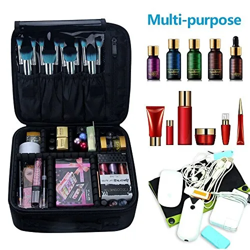 Relavel Travel Makeup Train Case Makeup Cosmetic Case Organizer Portable Artist Storage Bag with Adjustable Dividers for Cosmetics Makeup Brushes Toiletry Jewelry Digital Accessories Black