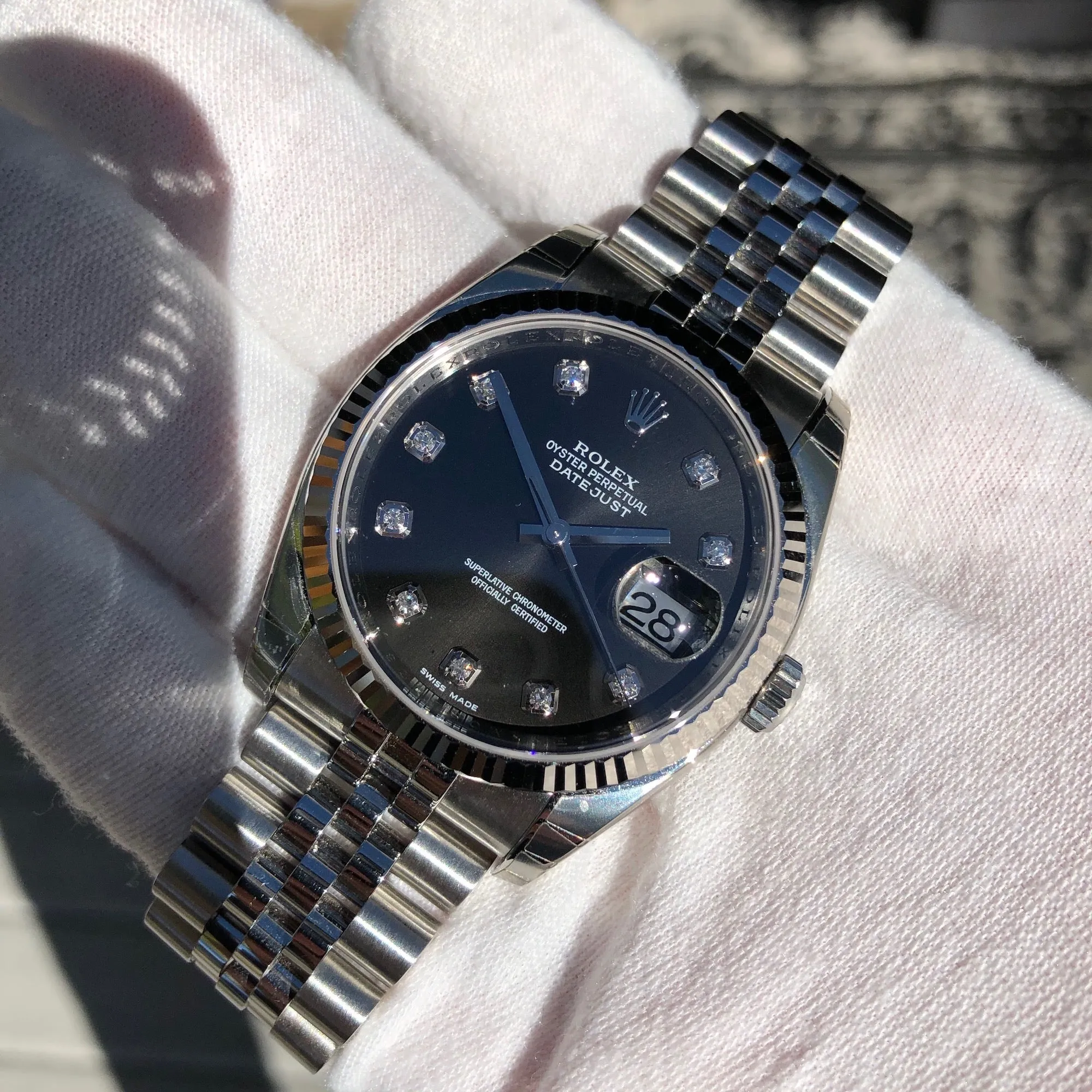 Rolex Datejust 116234 Black Diamond 36mm Jubilee Wristwatch Box & Papers New Unworn