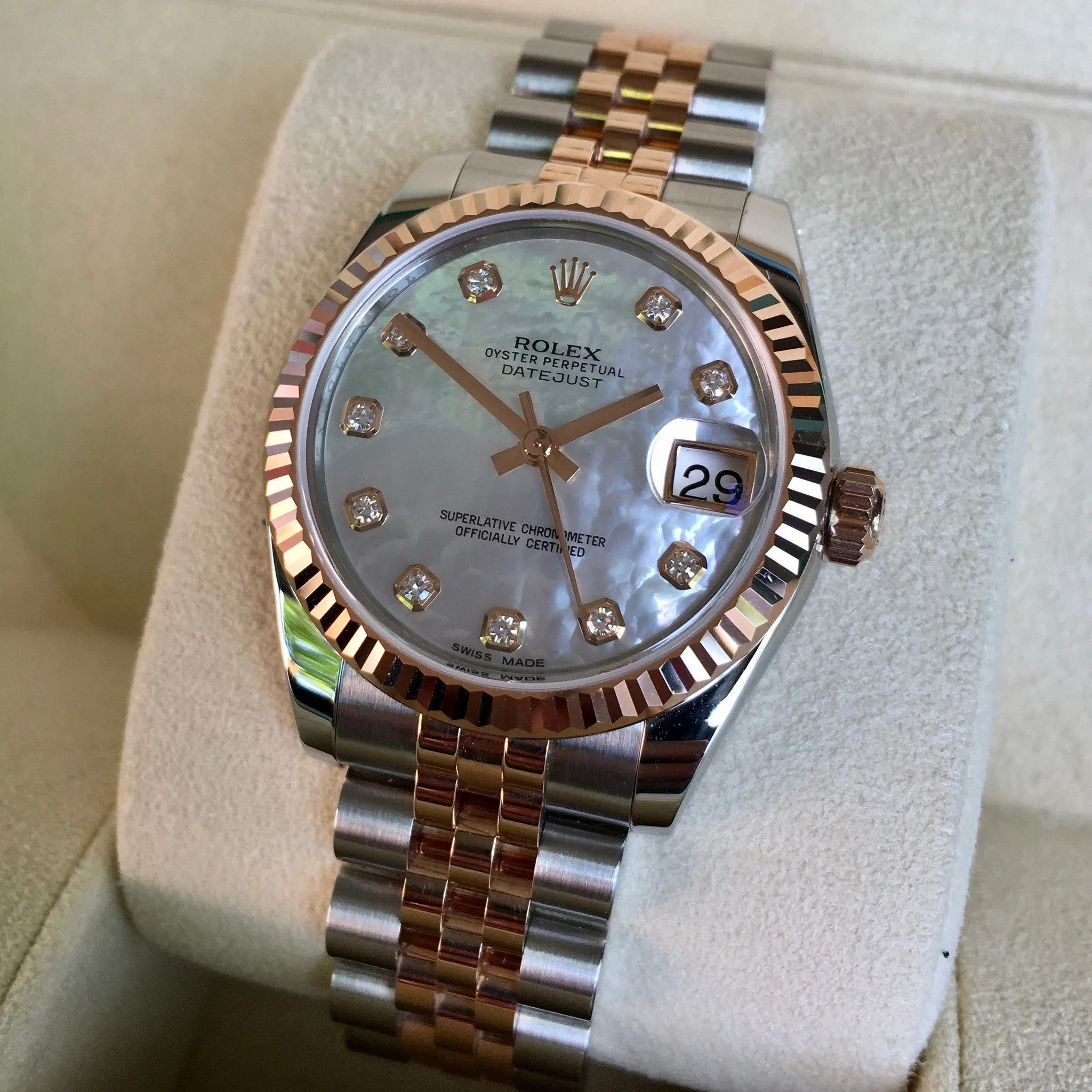 Rolex Datejust 178271 MOP Diamond Dial 31mm Midsize Steel Rose Gold Wristwatch Box Papers