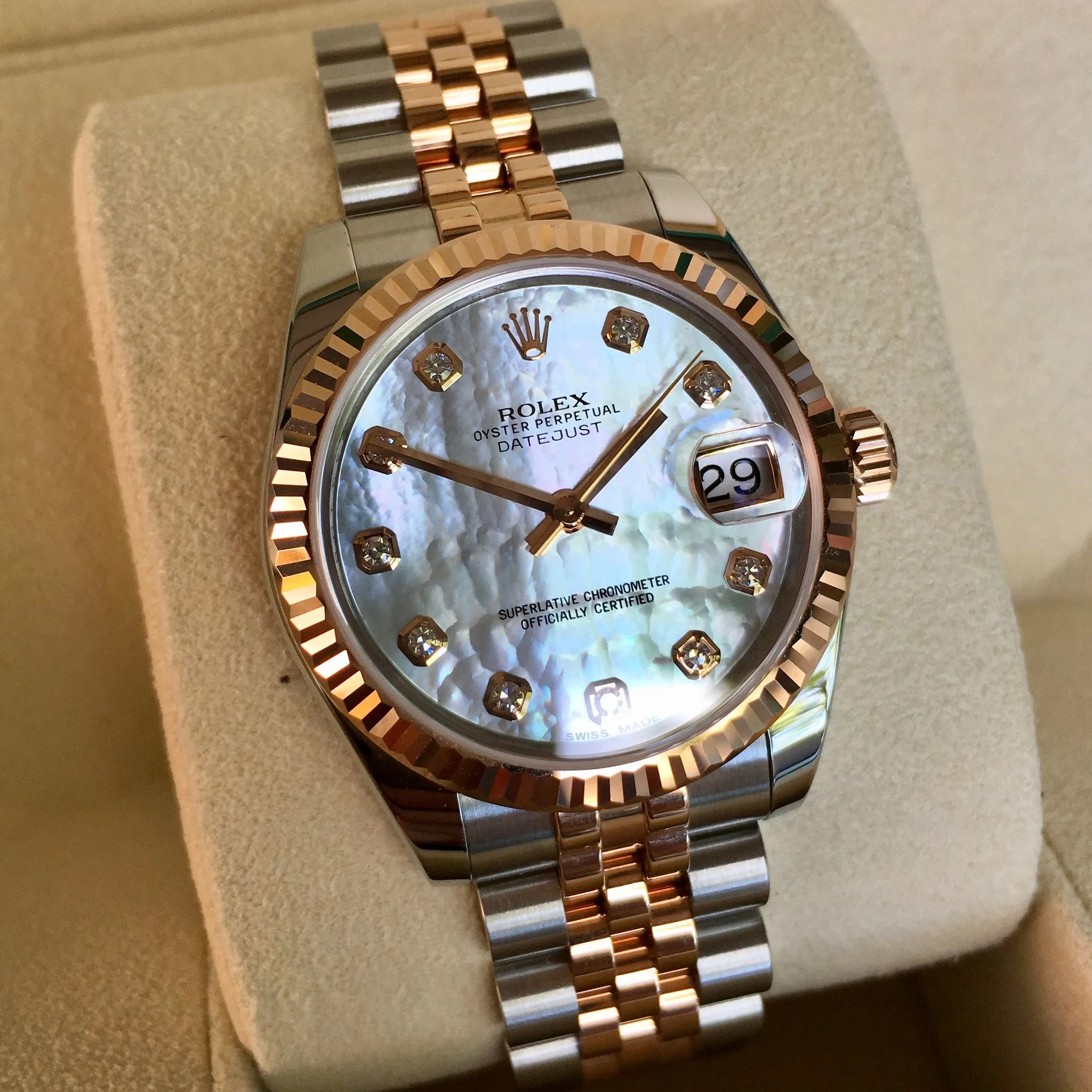 Rolex Datejust 178271 MOP Diamond Dial 31mm Midsize Steel Rose Gold Wristwatch Box Papers
