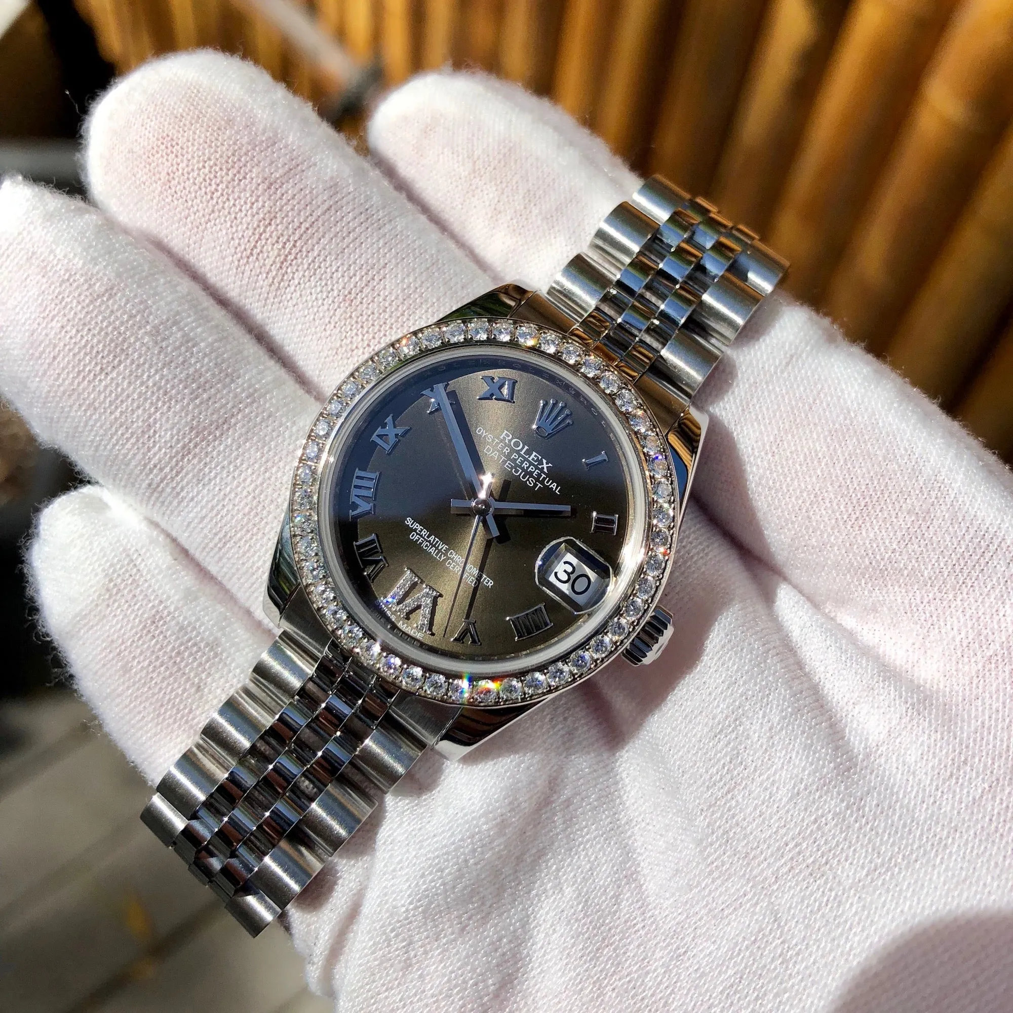 Rolex Datejust 178384 31mm Midsize Bronze Roman Pave Diamond Bezel Set VI Steel Jubilee Wristwatch Box Papers