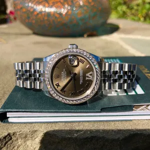 Rolex Datejust 178384 31mm Midsize Bronze Roman Pave Diamond Bezel Set VI Steel Jubilee Wristwatch Box Papers