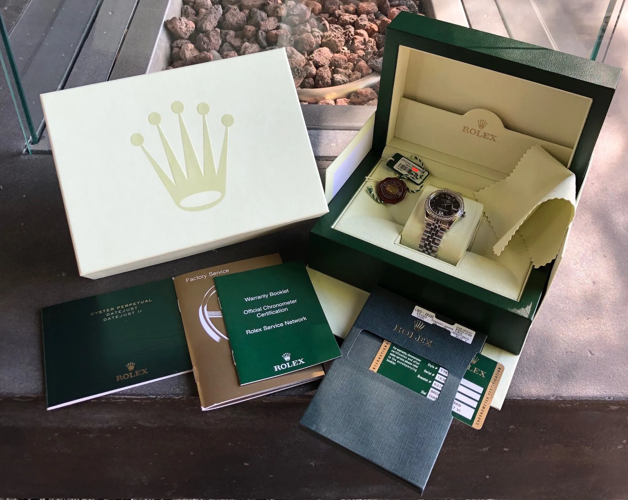 Rolex Datejust 178384 31mm Midsize Bronze Roman Pave Diamond Bezel Set VI Steel Jubilee Wristwatch Box Papers