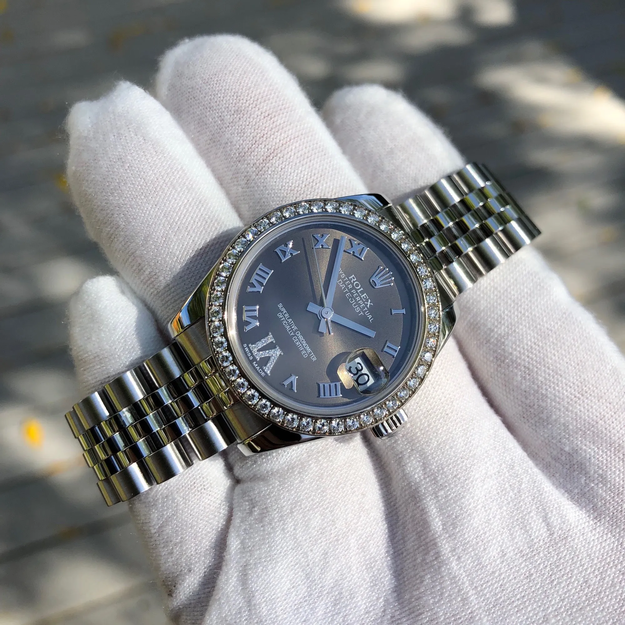 Rolex Datejust 178384 31mm Midsize Bronze Roman Pave Diamond Bezel Set VI Steel Jubilee Wristwatch Box Papers
