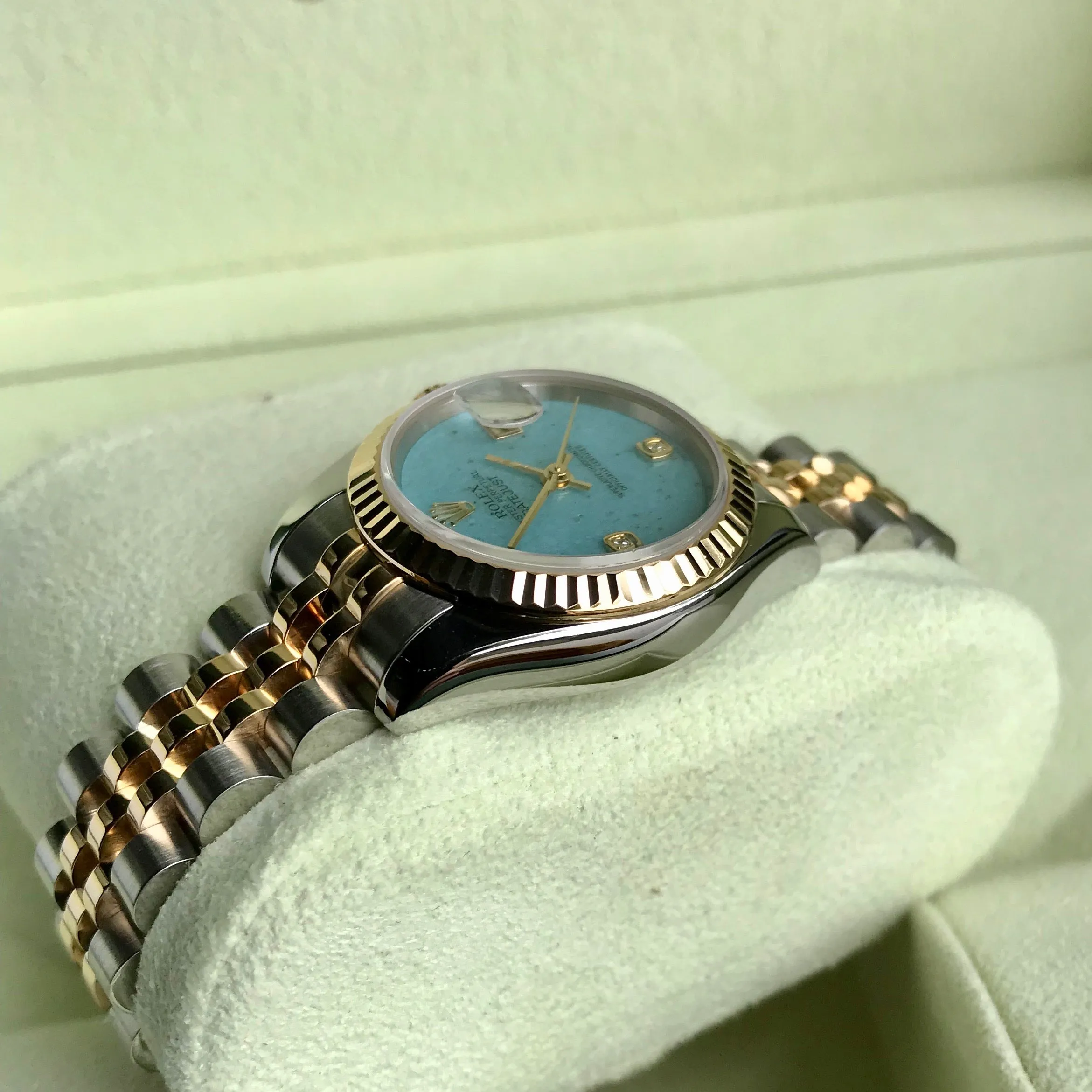 Rolex Datejust 179173 Jadeite Blue Diamond Dial Ladies Jubilee Two Tone Automatic Wristwatch Box & Papers