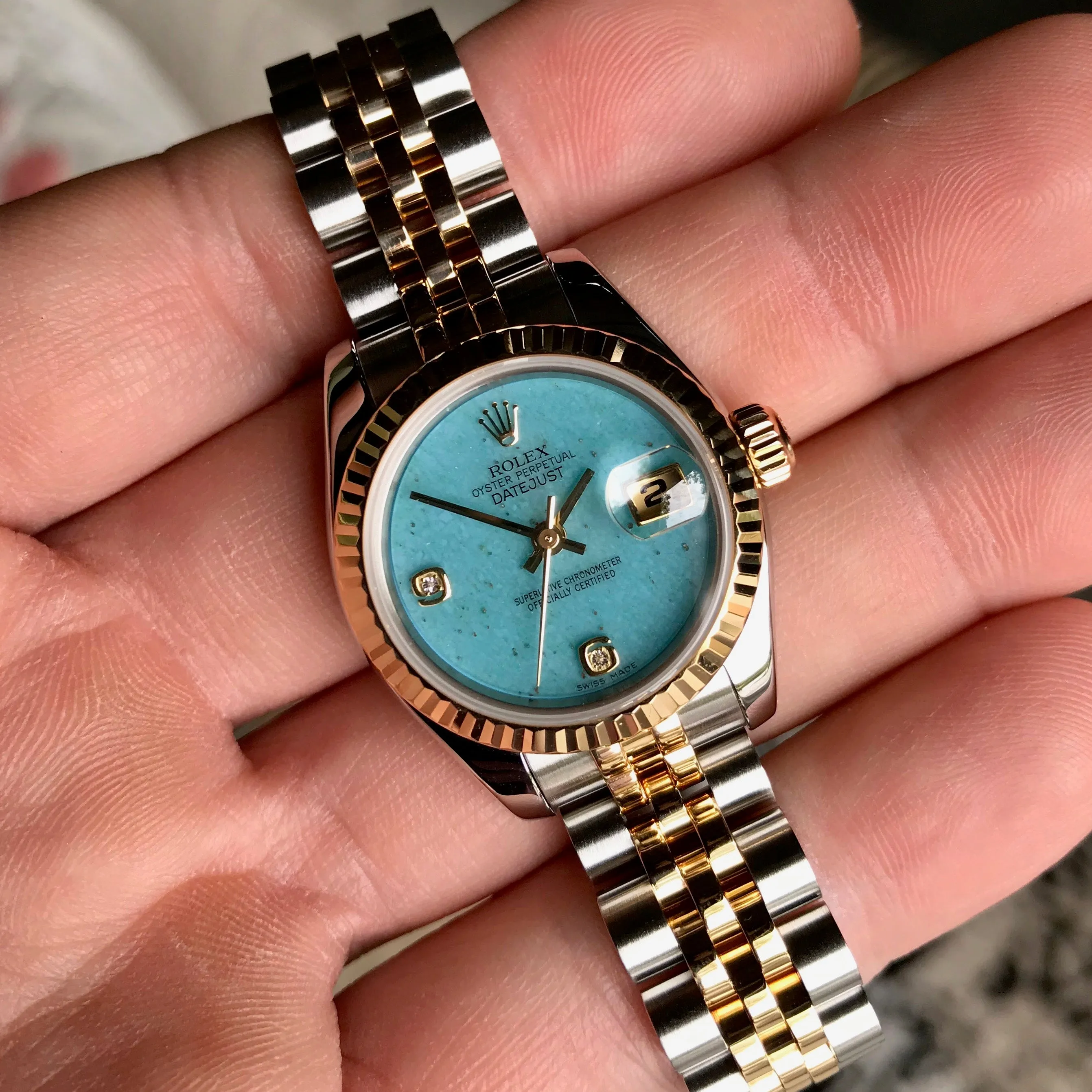 Rolex Datejust 179173 Jadeite Blue Diamond Dial Ladies Jubilee Two Tone Automatic Wristwatch Box & Papers