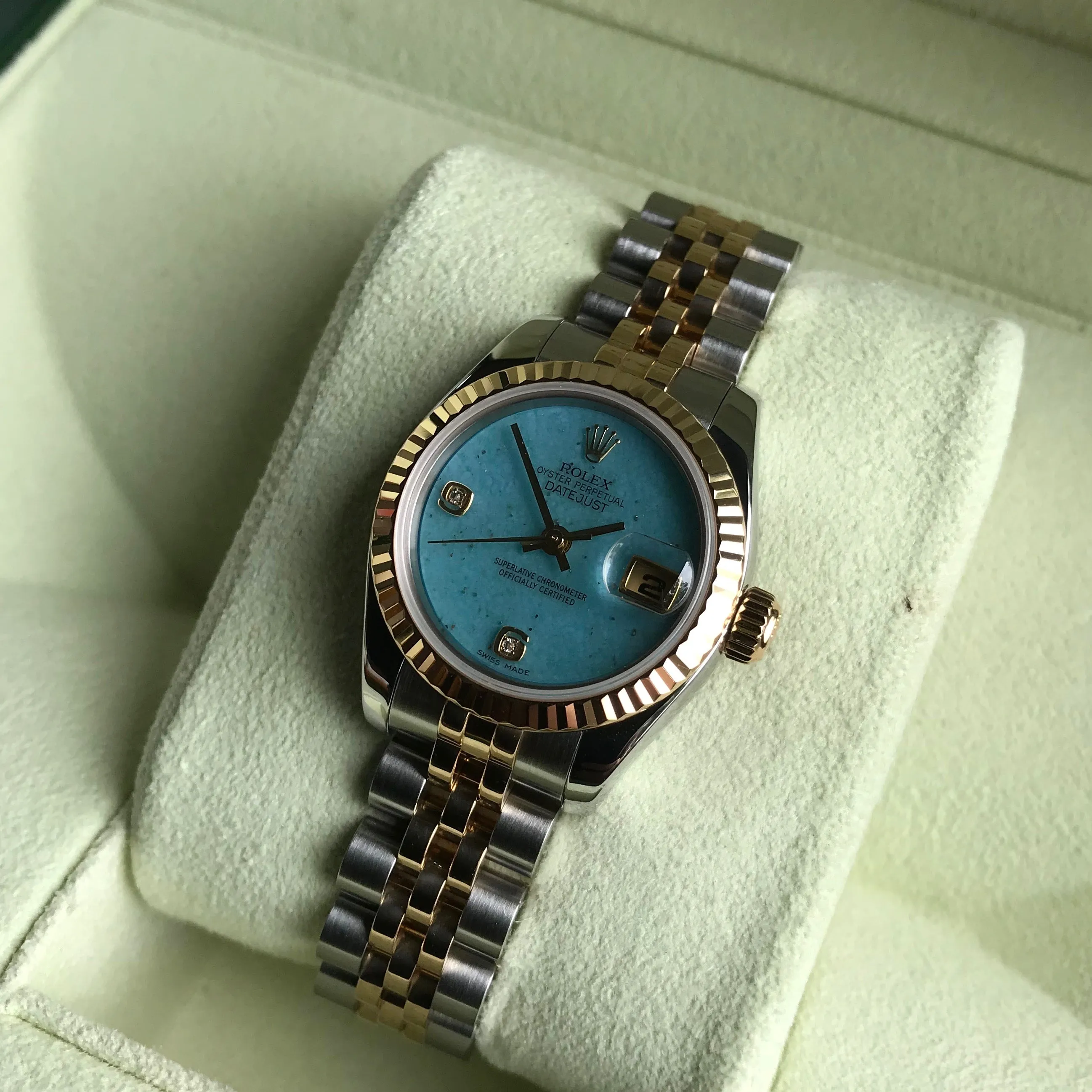Rolex Datejust 179173 Jadeite Blue Diamond Dial Ladies Jubilee Two Tone Automatic Wristwatch Box & Papers