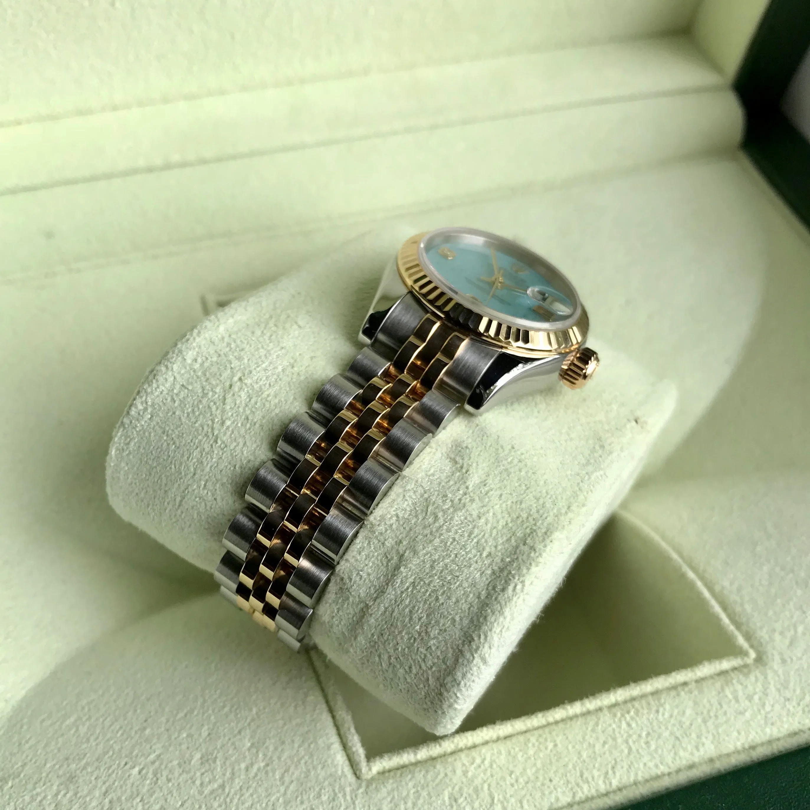 Rolex Datejust 179173 Jadeite Blue Diamond Dial Ladies Jubilee Two Tone Automatic Wristwatch Box & Papers