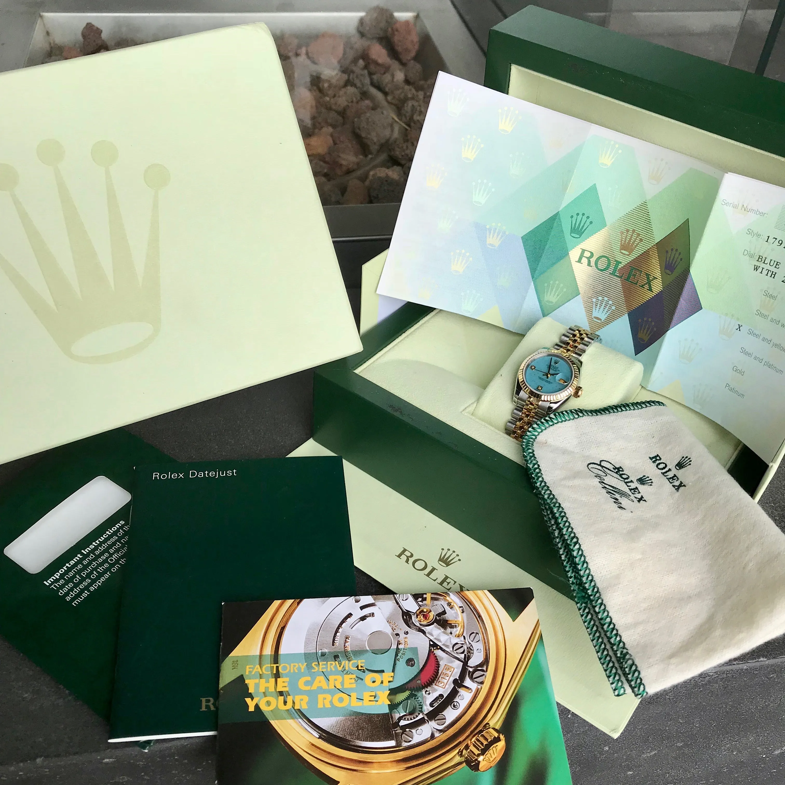 Rolex Datejust 179173 Jadeite Blue Diamond Dial Ladies Jubilee Two Tone Automatic Wristwatch Box & Papers