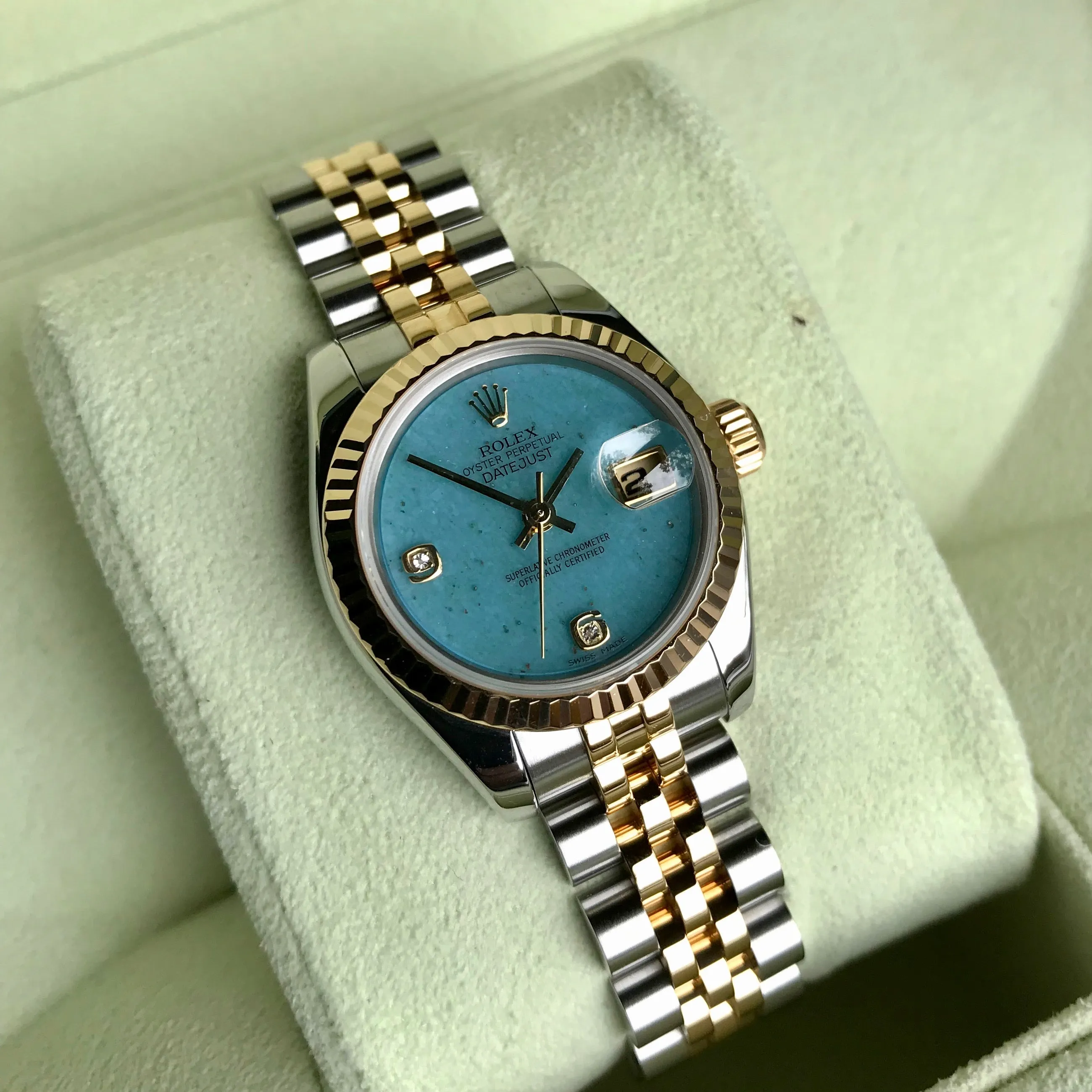 Rolex Datejust 179173 Jadeite Blue Diamond Dial Ladies Jubilee Two Tone Automatic Wristwatch Box & Papers