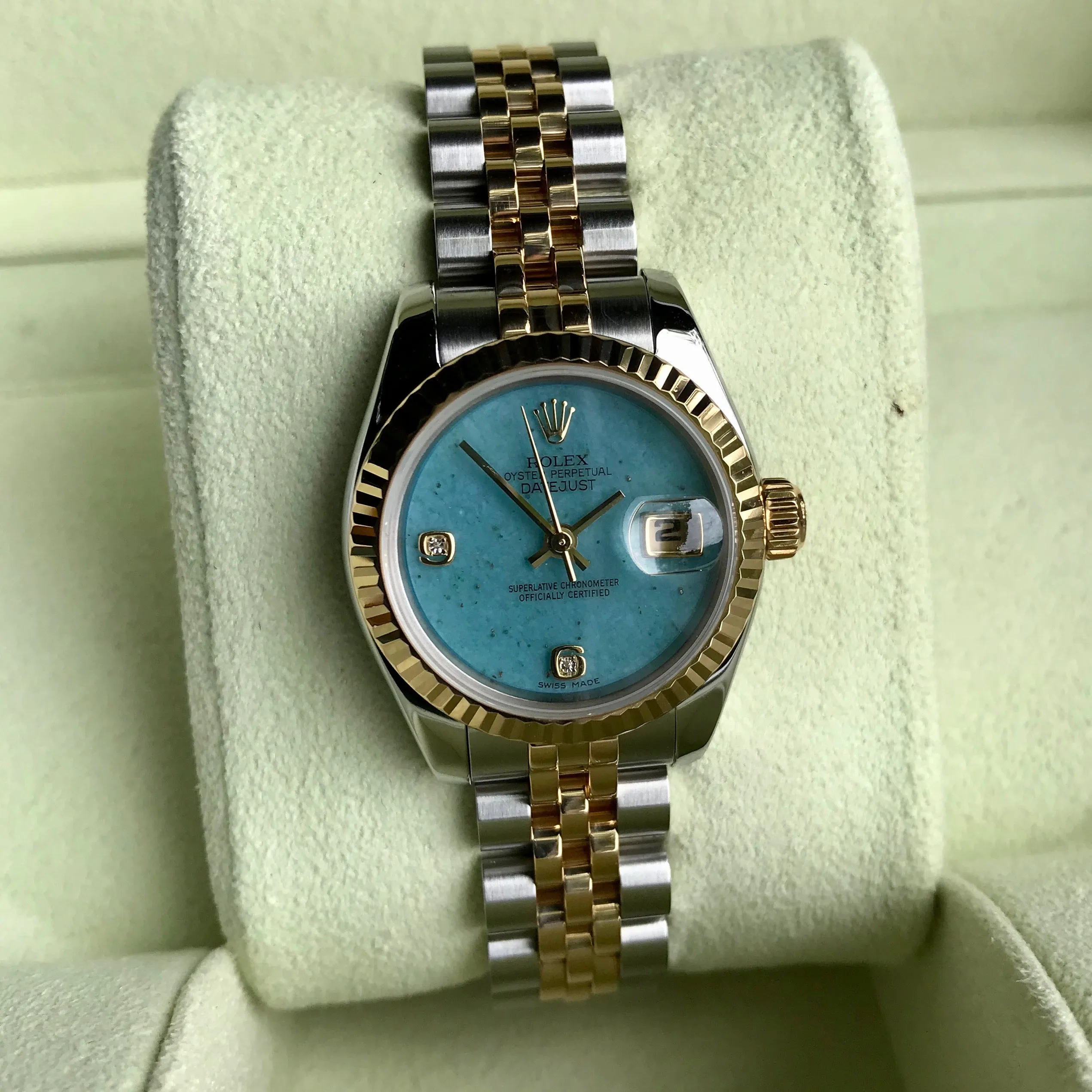 Rolex Datejust 179173 Jadeite Blue Diamond Dial Ladies Jubilee Two Tone Automatic Wristwatch Box & Papers