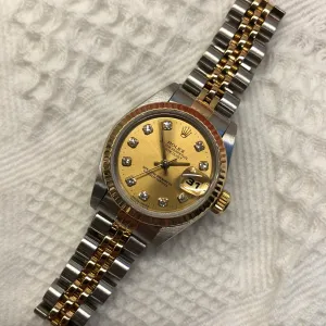 Rolex Datejust 69173 Ladies Two Tone Champagne Diamond Dial Steel 18K Wristwatch Circa 1995