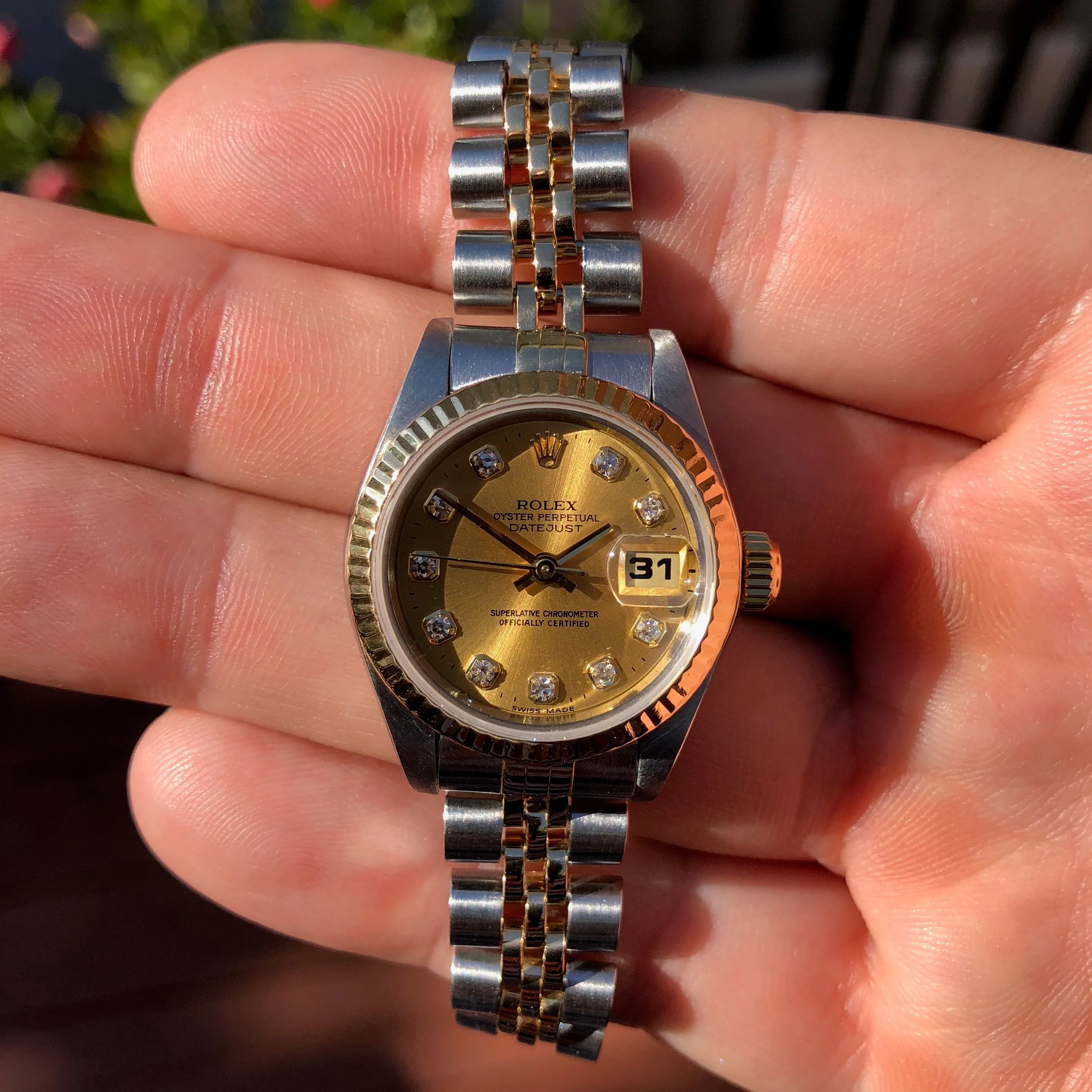 Rolex Datejust 69173 Ladies Two Tone Champagne Diamond Dial Steel 18K Wristwatch Circa 1995