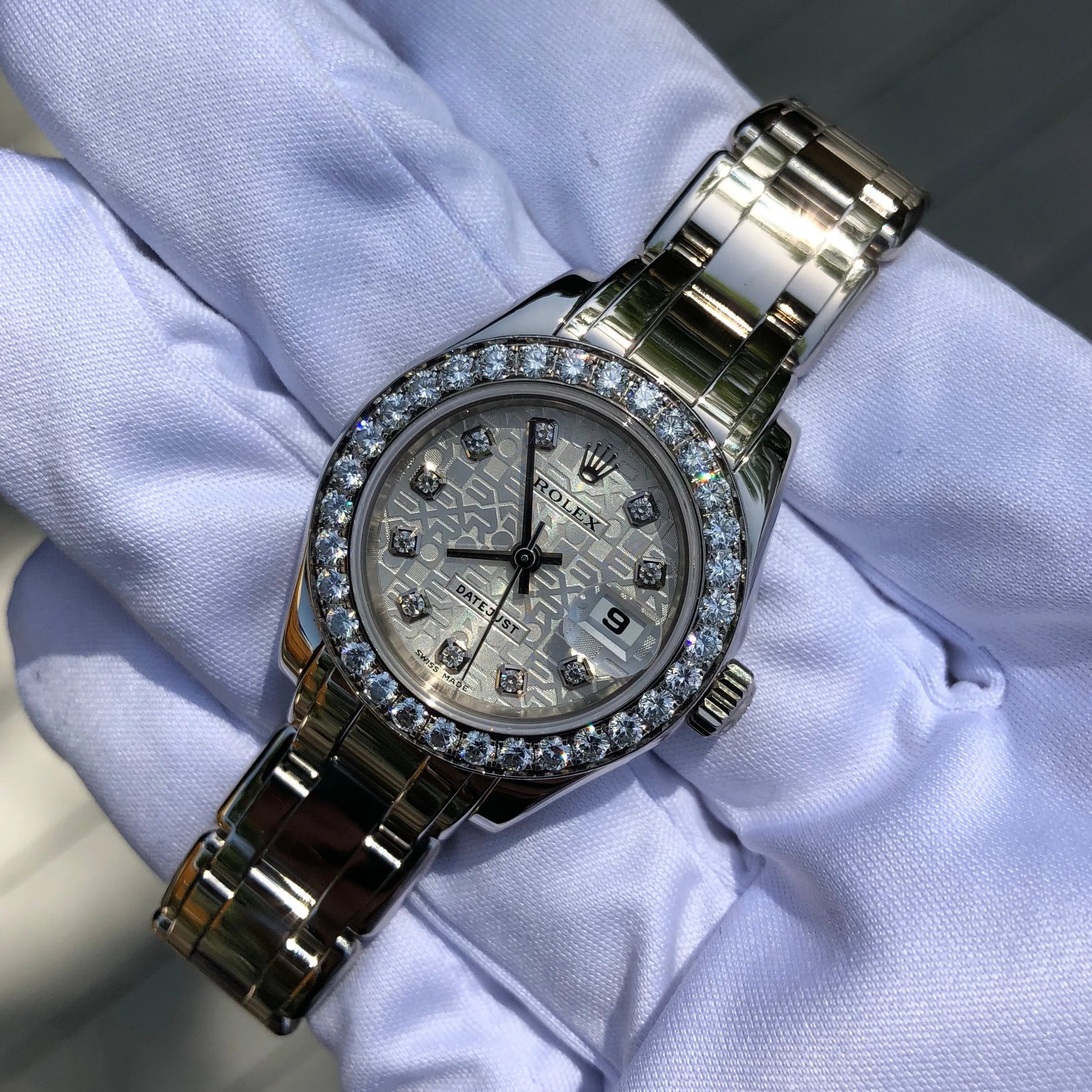 Rolex Pearlmaster 80299 Silver Jubilee Diamond Dial Bezel 18K White Gold Ladies Wristwatch Box & Papers