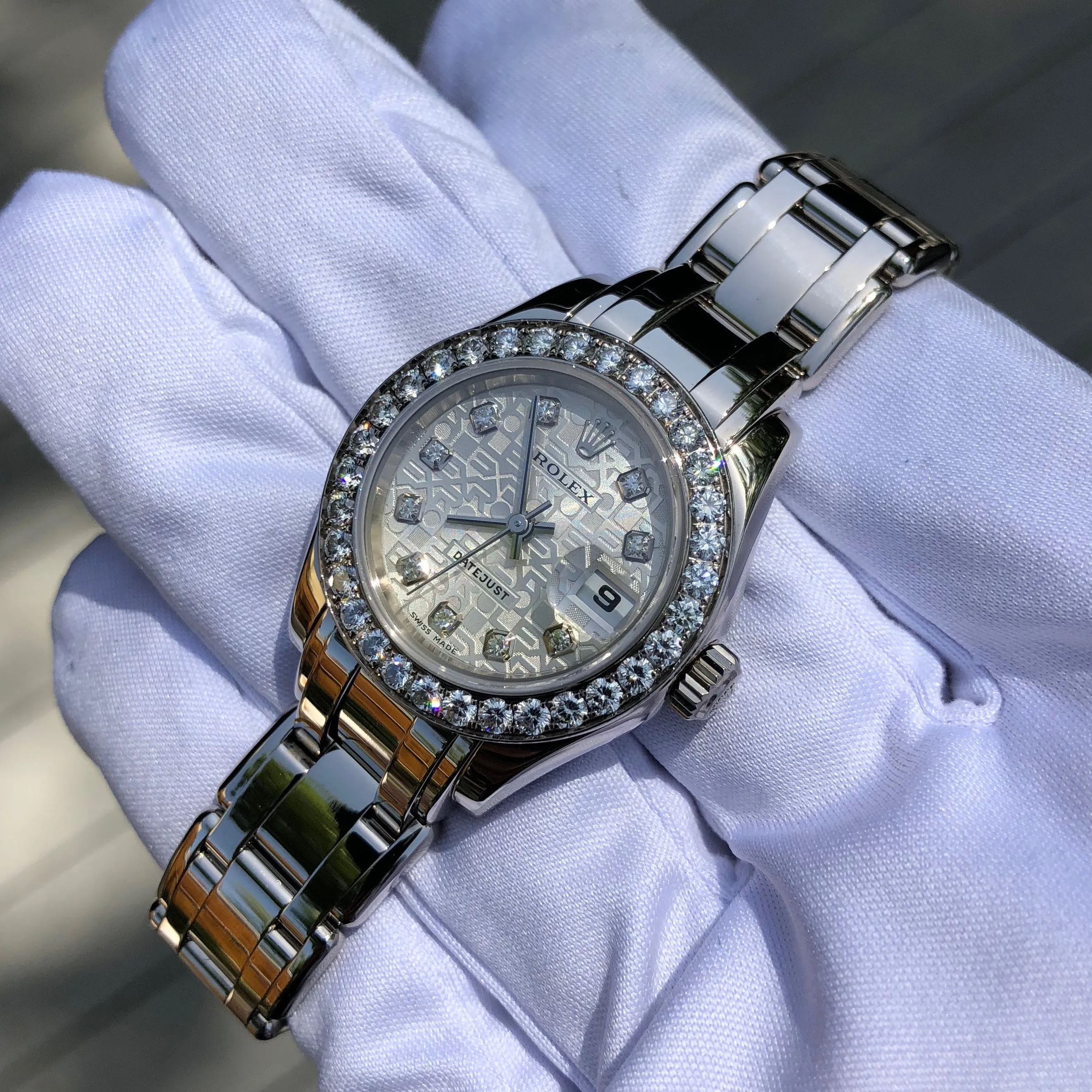 Rolex Pearlmaster 80299 Silver Jubilee Diamond Dial Bezel 18K White Gold Ladies Wristwatch Box & Papers