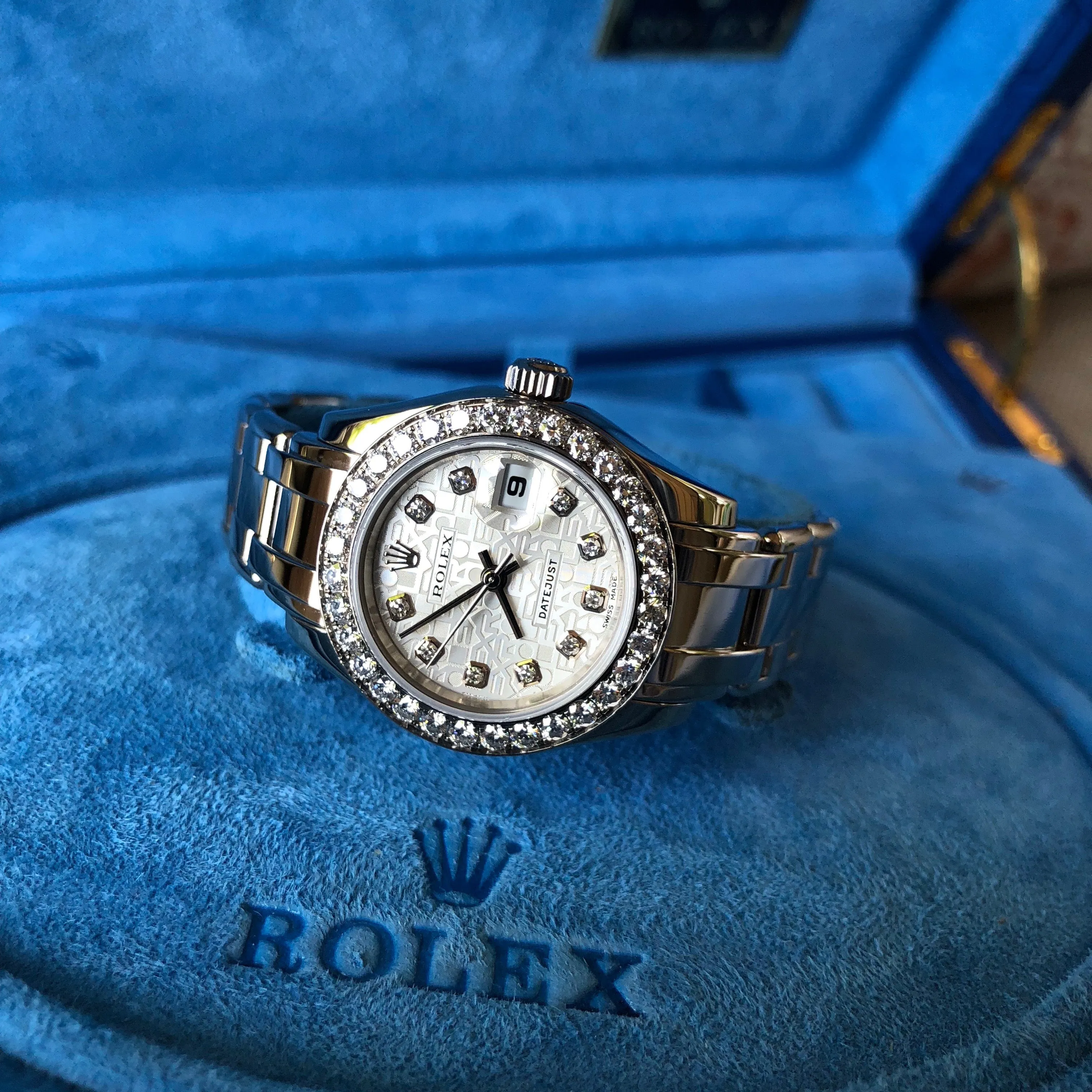Rolex Pearlmaster 80299 Silver Jubilee Diamond Dial Bezel 18K White Gold Ladies Wristwatch Box & Papers