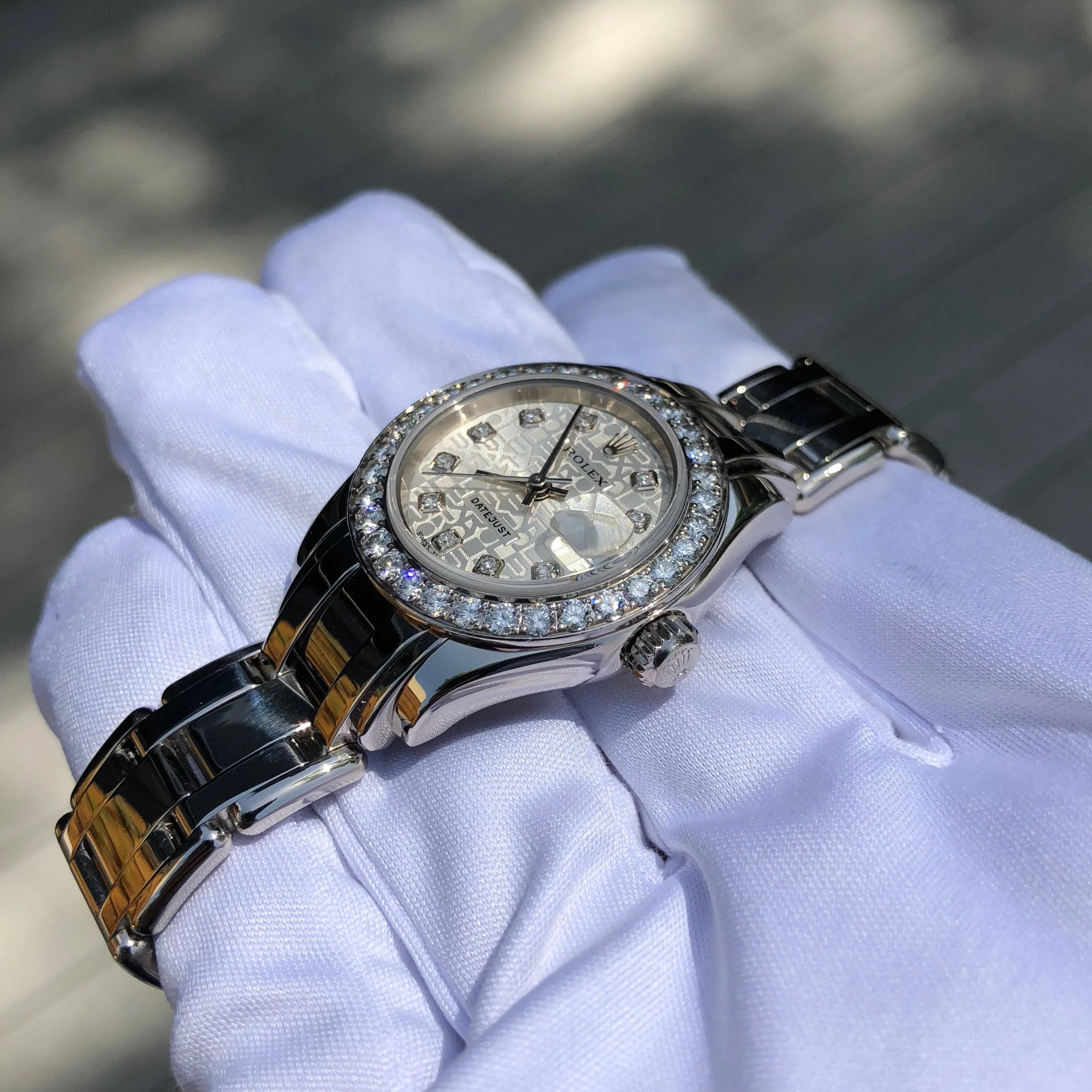 Rolex Pearlmaster 80299 Silver Jubilee Diamond Dial Bezel 18K White Gold Ladies Wristwatch Box & Papers