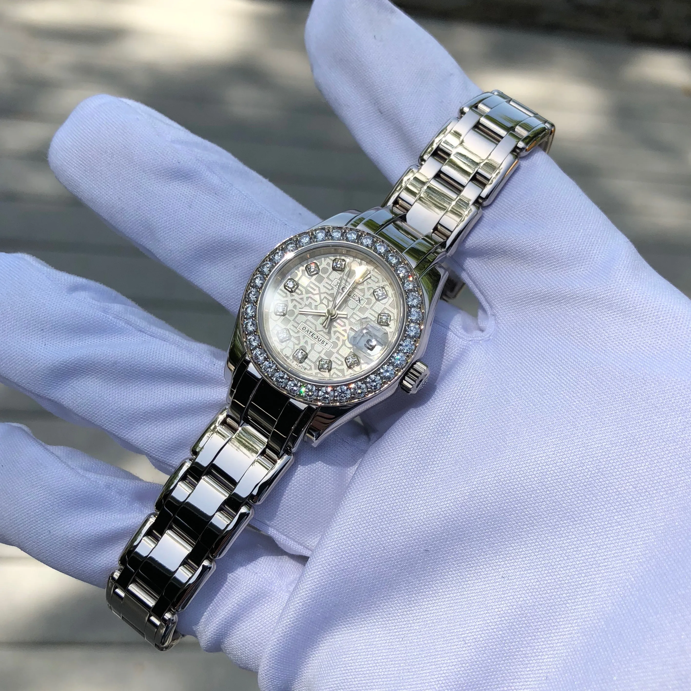 Rolex Pearlmaster 80299 Silver Jubilee Diamond Dial Bezel 18K White Gold Ladies Wristwatch Box & Papers