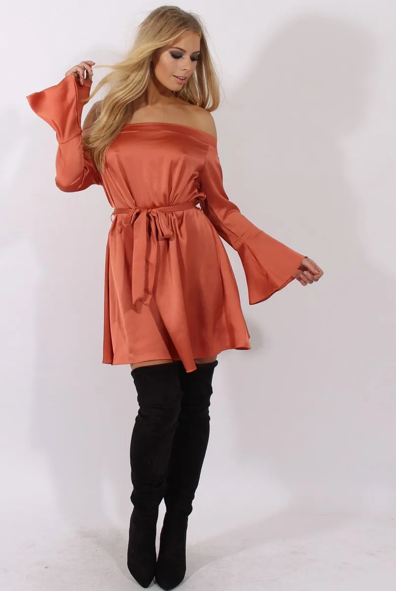 Rust Silky Bardot Tie Waist Dress - Esther