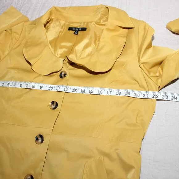 Sandro Studio Womens Mustard Yellow Gold Short Ruffle Collar Trench Coat Size XL