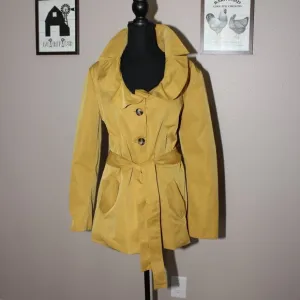 Sandro Studio Womens Mustard Yellow Gold Short Ruffle Collar Trench Coat Size XL